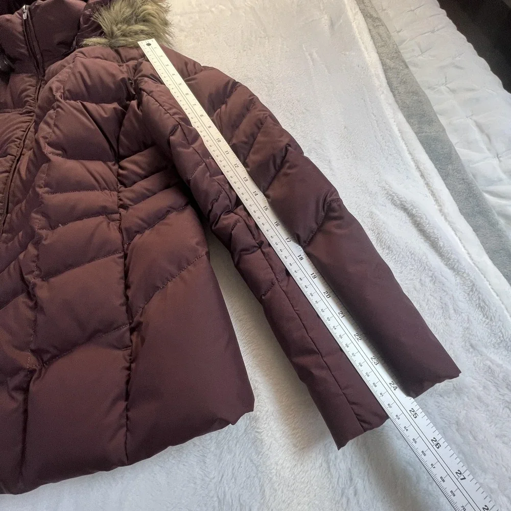 Lands End Youth Girls Down Puffer Jacket Sz L Maroon Fur Trim Hood Zip Pockets